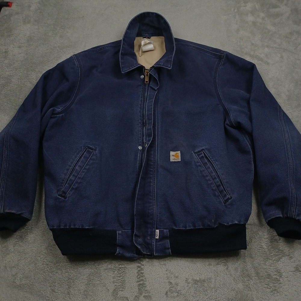 Carhartt Jacket Mens XL Blue Fire Resistant Full ZIp Workwear Distressed Pockets